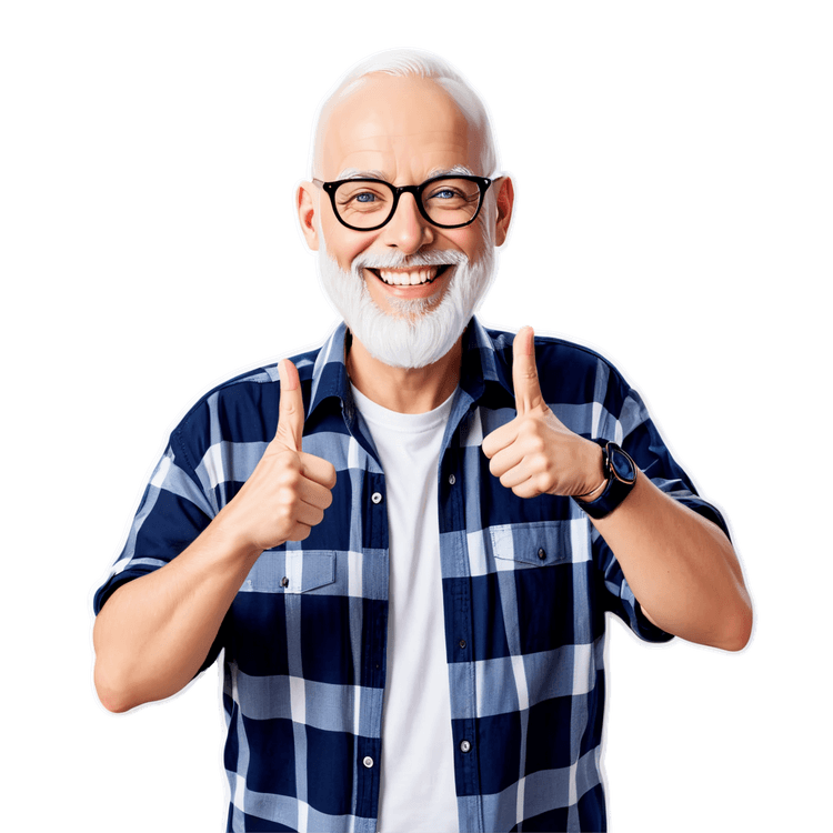 VERY BALD MAN WITH BLUE EYES VERY SHORT WHITE HAIR AND A FULL MID-LENGTH WHITE BEARD, IN A PLAID SHIRT WEARING GLASSES SMILING AND SHOWING BOTH  MIDDLE FINGERS