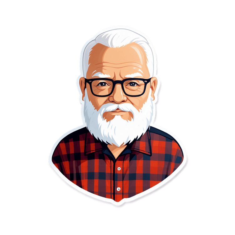 BALD MAN WITH  WHITE HAIR AND BEARD, USES GLASSES AND A PLAID SHIRT