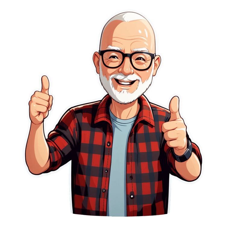 VERY BALD MAN WITH VERY SHORT WHITE HAIR AND A FULL WHITE BEARD, IN A PLAID SHIRT WEARING GLASSES CELEBRATING AN ACHIEVEMENT