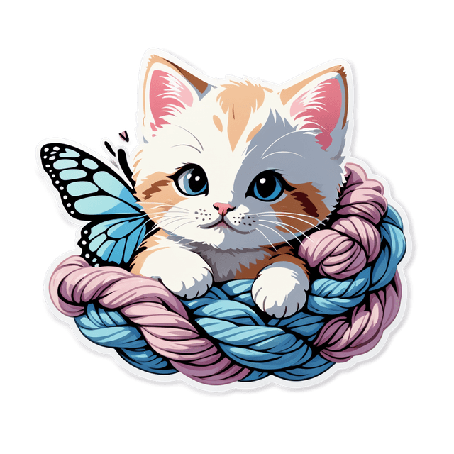 The kitten with a tiny pastel butterfly resting on the yarn. sticker